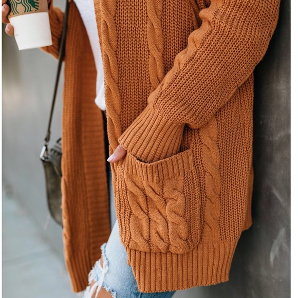 NWT Camel Cable Knit Pocket Boyfriend Cardigan - Picture 7 of 8